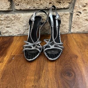 Silver and black braid strap heels real leather size 8